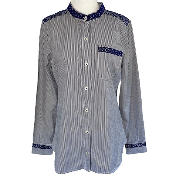 New C Wonder Embroidered Striped Collarless Button Down Shirt Indigo Size XS - Picture 1 of 16